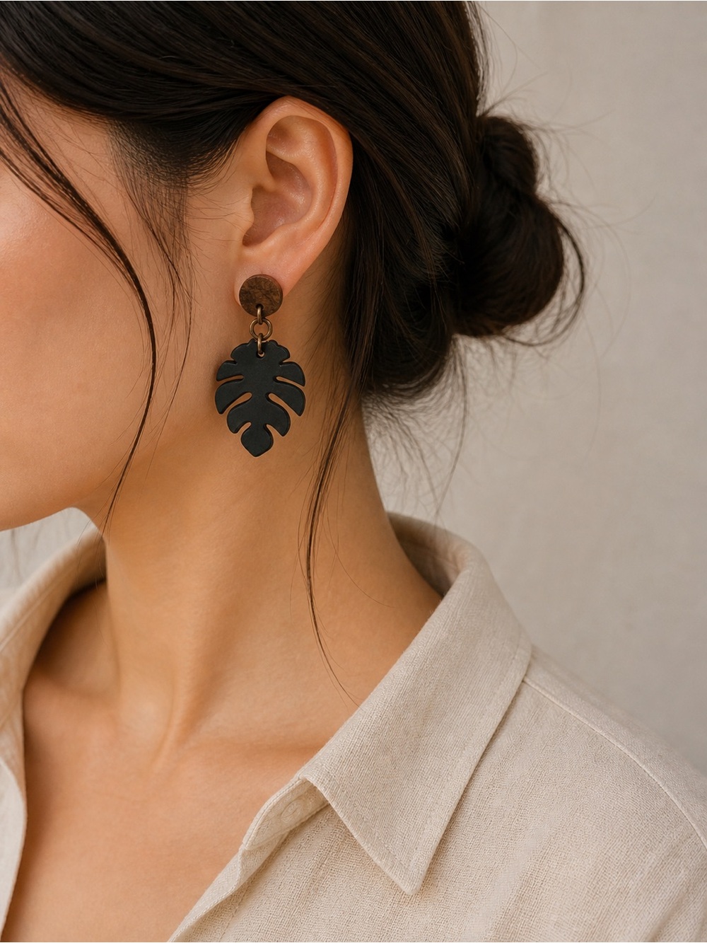 Hand Crafted Black Monstera Leaf Drop Earrings